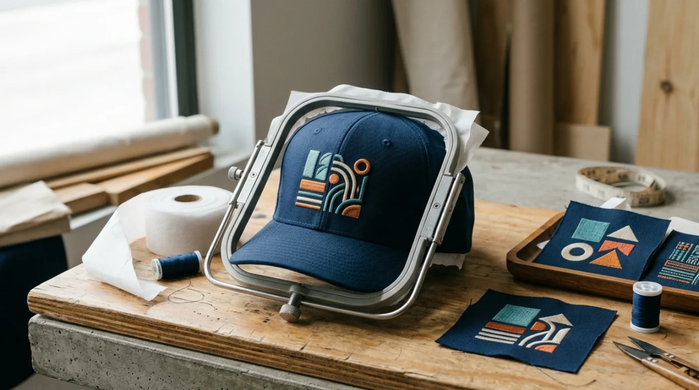 Structured cap, embroidery hoop, foam and thread arranged for cap-production preflight
