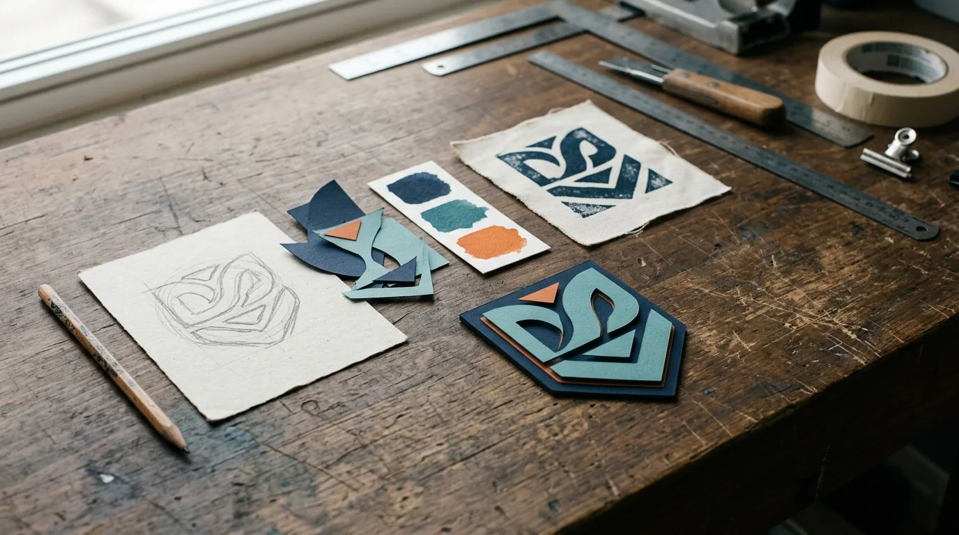 Hand-drawn shirt design sketch progressing through paper shapes to a finished print sample on a workbench