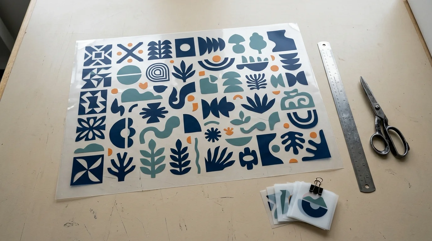 Top-down DTF gang sheet layout with nested colorful artwork, ruler, scissors, and print-production tools