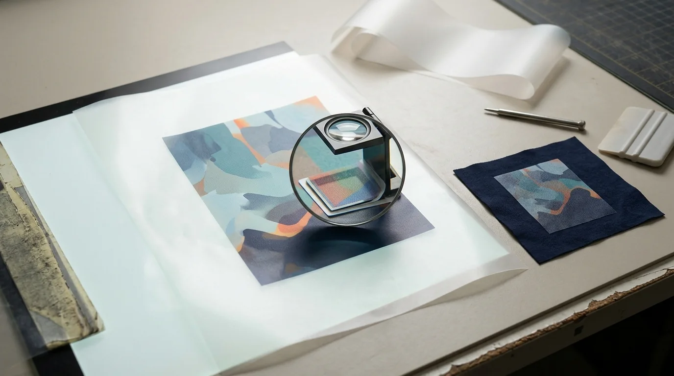 DTF transfer film being inspected under a loupe beside a white ink swatch and color proof