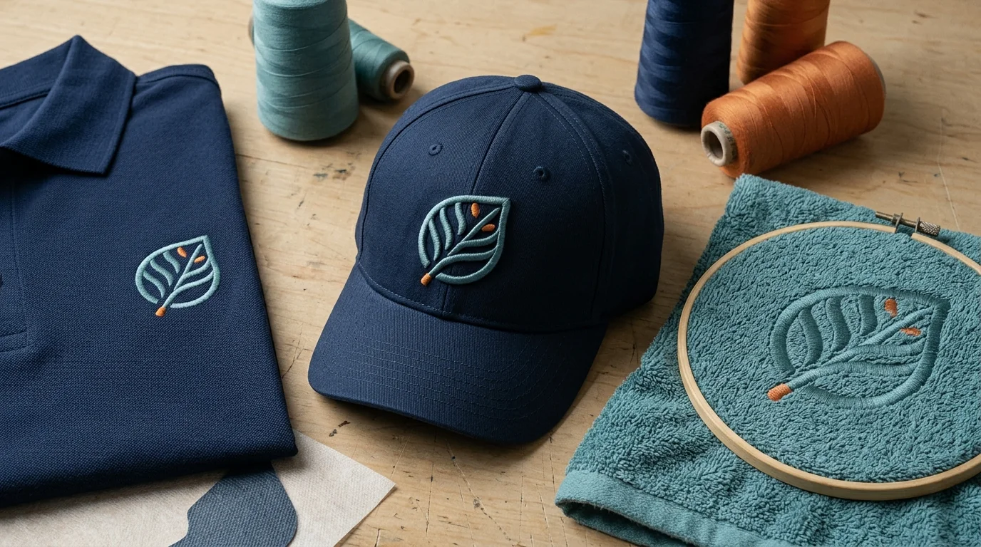 The same leaf emblem embroidered on a polo, structured cap, and towel beside embroidery thread cones