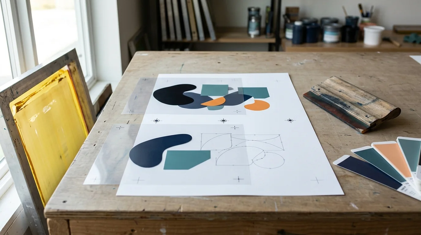 Screen-printing frame, squeegee, vector proof, color swatches, and separated artwork layers on a worktable
