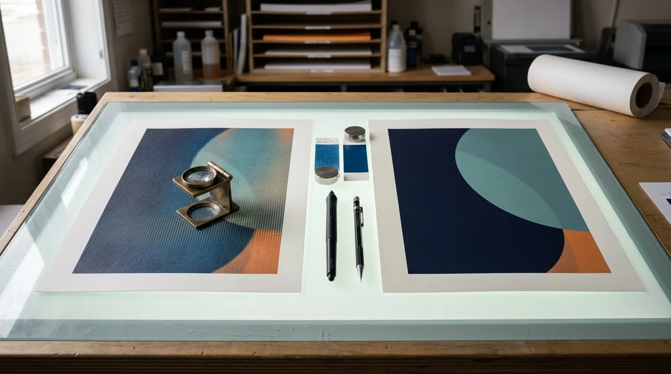 Magnified pixel edge beside a smooth vector curve on a print-production proof