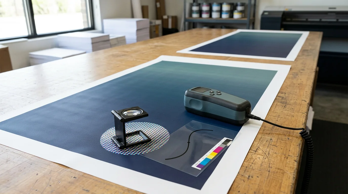 Wide-format banner proofs with a loupe, measuring tool, color strip, and print samples